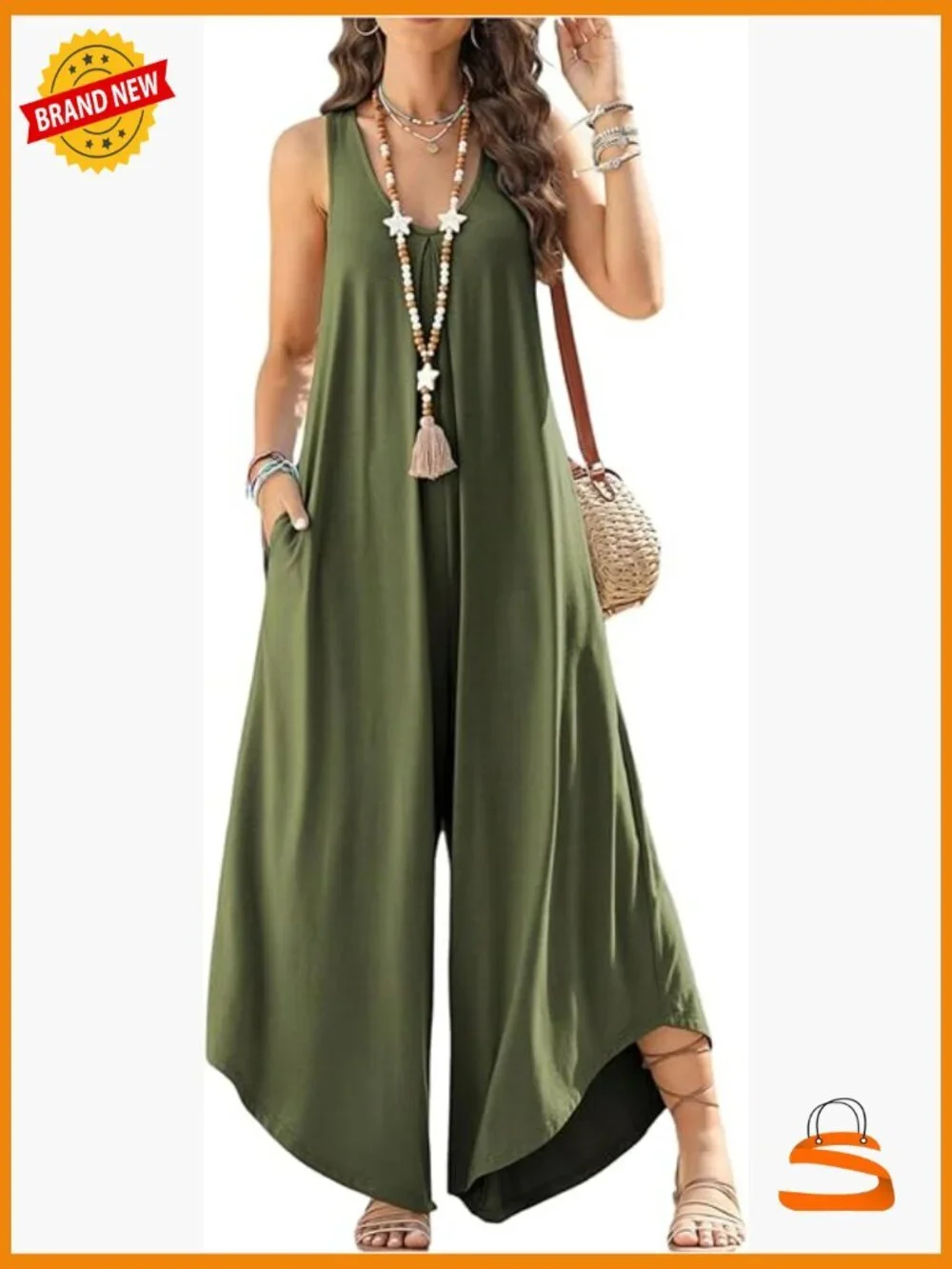 Wide Leg Linen Jumpsuit Sleeveless V Neck Pockets Romper